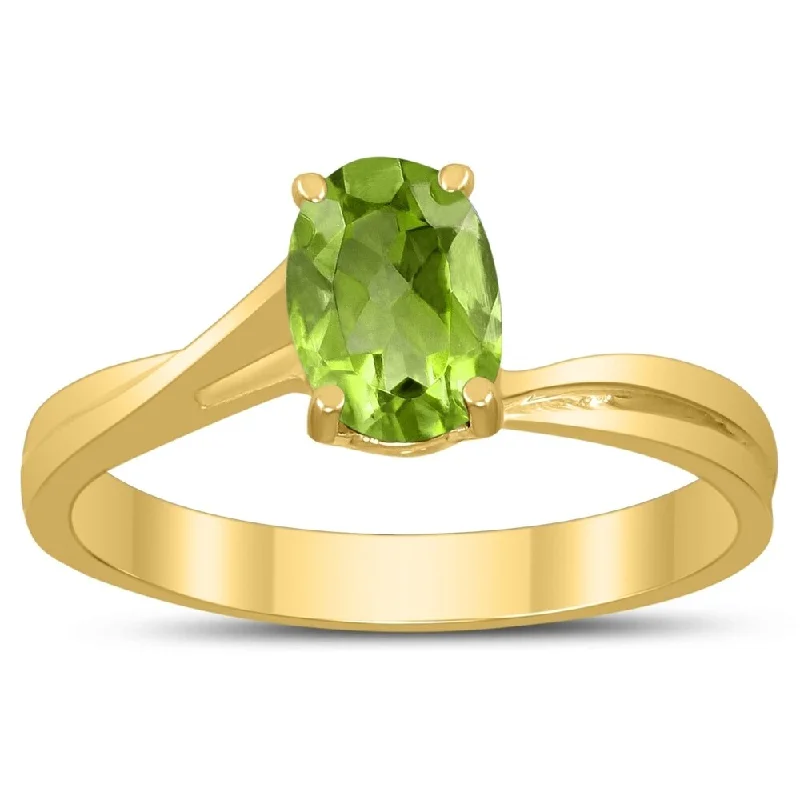 Solitaire Oval 7X5MM Peridot Gemstone Twist Ring in 10K Yellow Gold