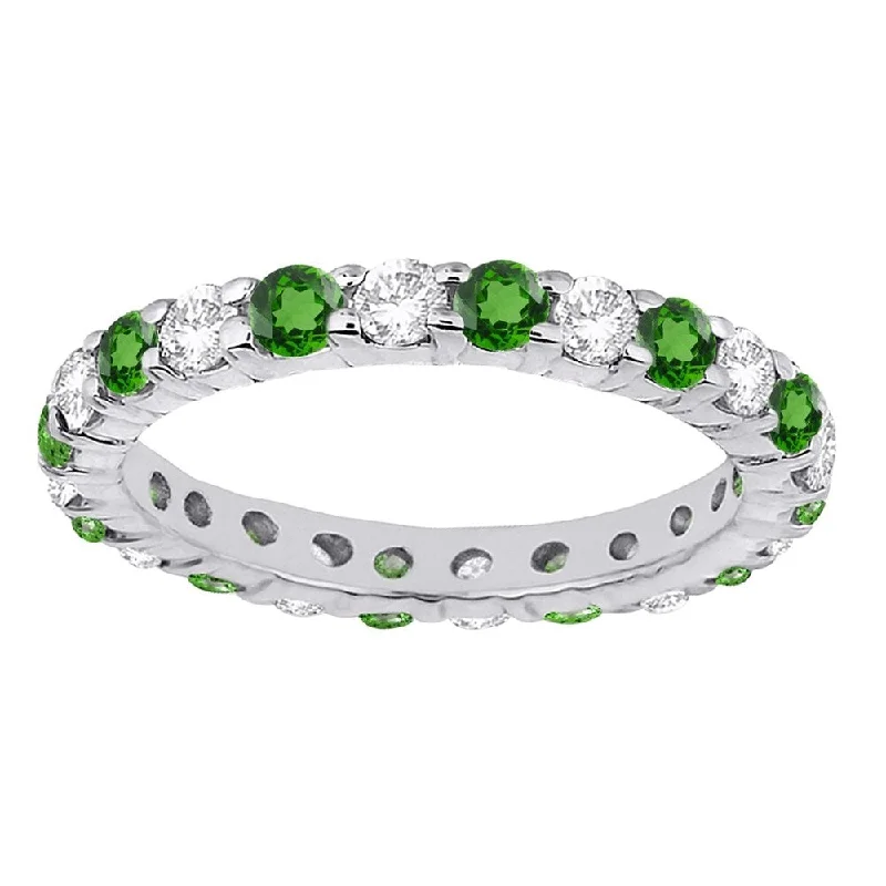 Sterling silver with Green Emerald and Natural White Topaz Eternity Band Ring