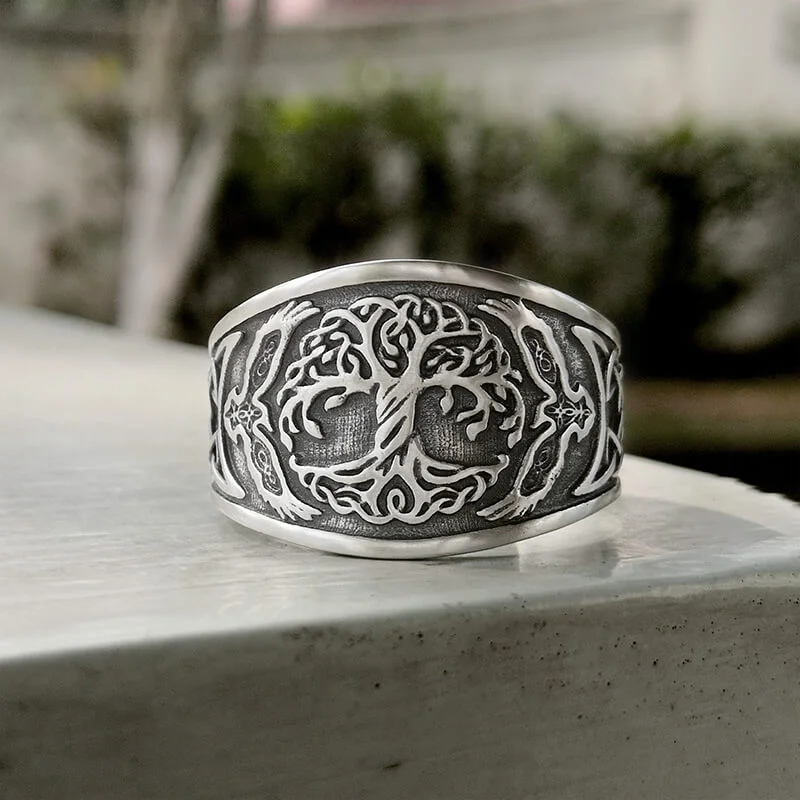 Tree of Life Raven Sterling Silver Viking Ring