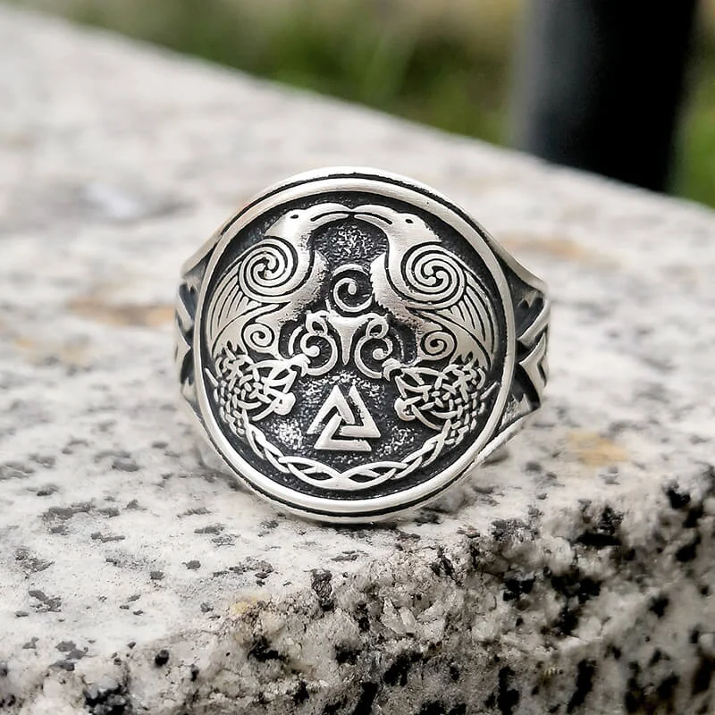 Viking Ravens Valknut Symbols Sterling Silver Ring