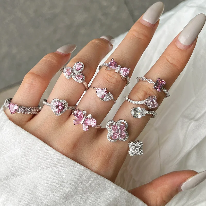 Wholesale Pink Series S925 Sterling Silver Love Butterfly Four-Leaf Clover Zircon Ring