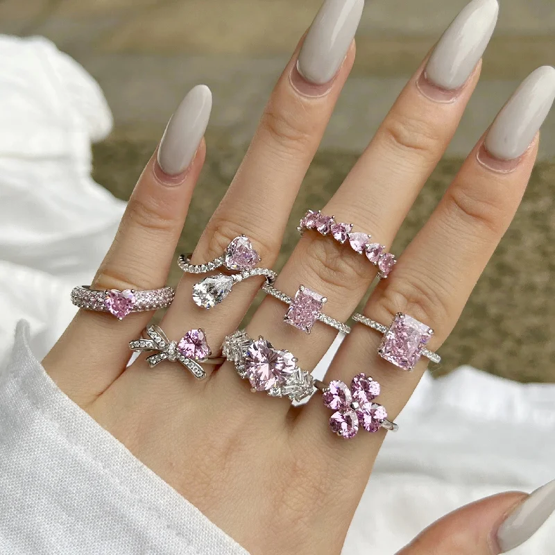 Wholesale S925 Sterling Silver Lucky Four-leaf Clover Bow Heart Pink Ring