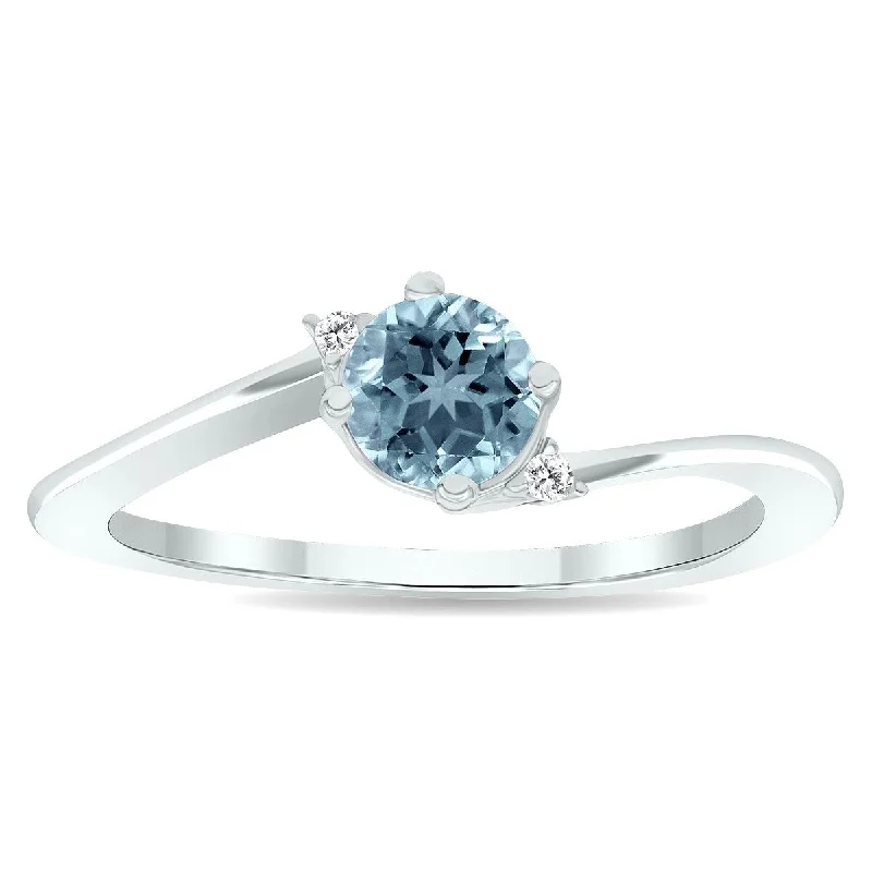 Women's Aquamarine and Diamond Wave Ring in 10K White Gold