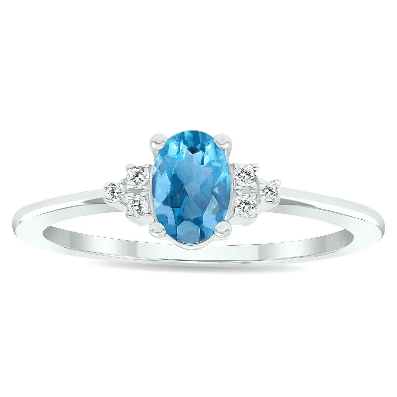 Women's Blue Topaz and Diamond Half Moon Ring in 10K White Gold