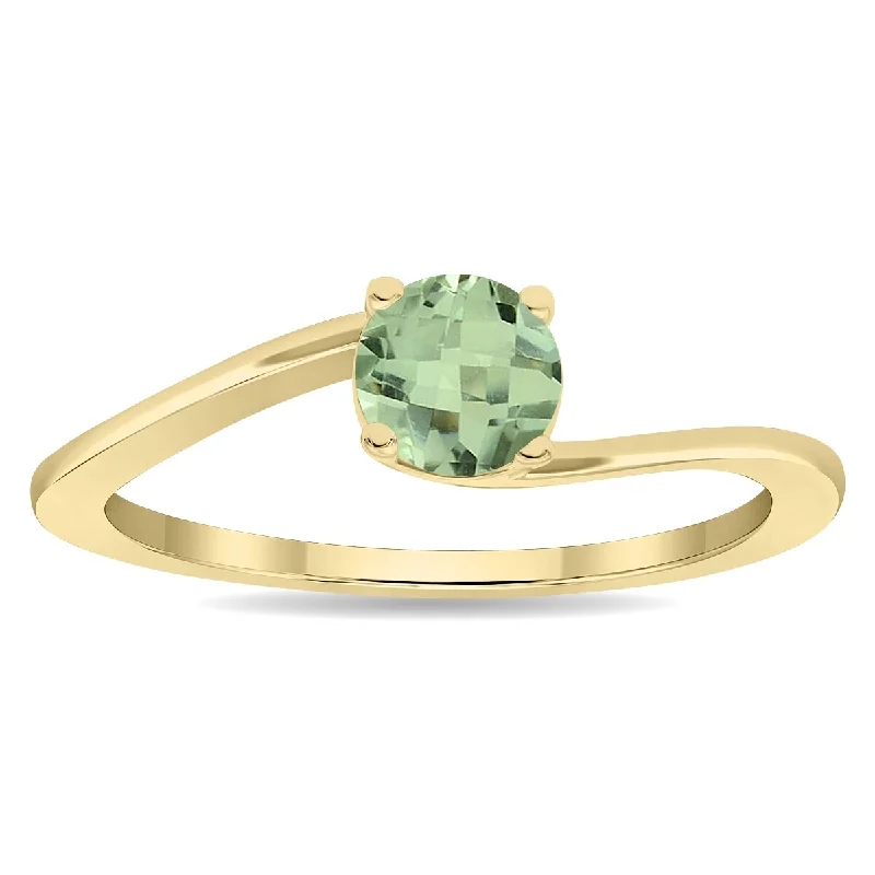 Women's Round Shaped Solitaire Green Amethyst Wave Ring in 10K Yellow Gold