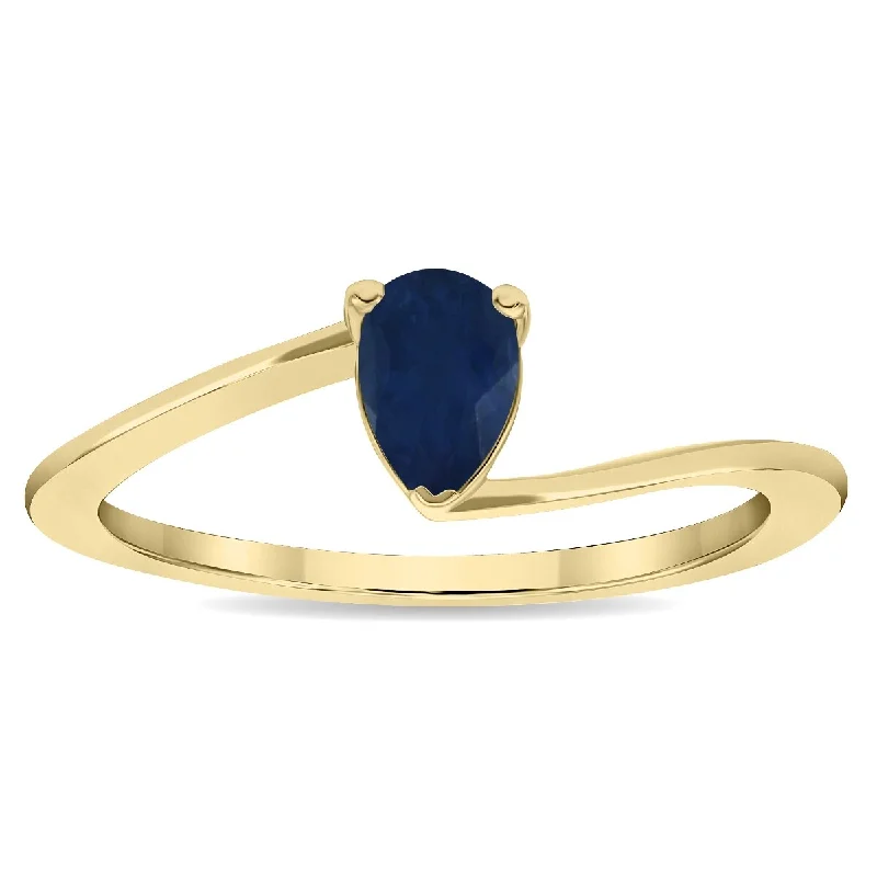 Women's Solitaire Pear Shaped Sapphire Wave Ring in 10K Yellow Gold