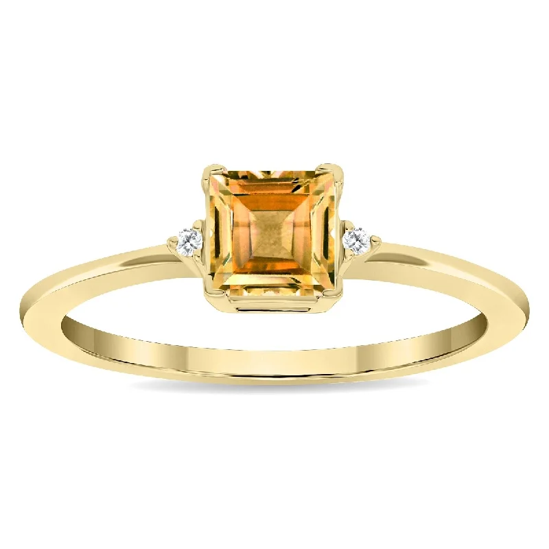 Women's Square Shaped Citrine and Diamond Classic Band in 10K Yellow Gold