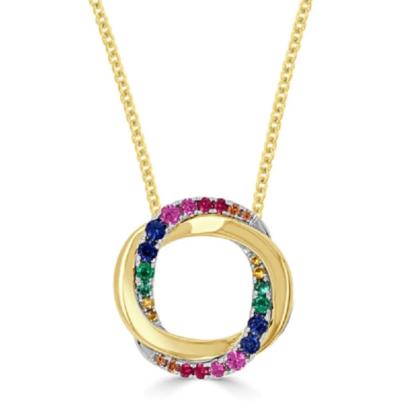 14k Gold Small Halo Twist Rainbow Sapphires Pendant