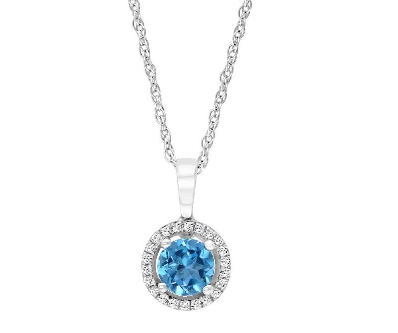 14K White Gold 0.72ctw Swiss Blue Topaz & Diamond Halo Necklace