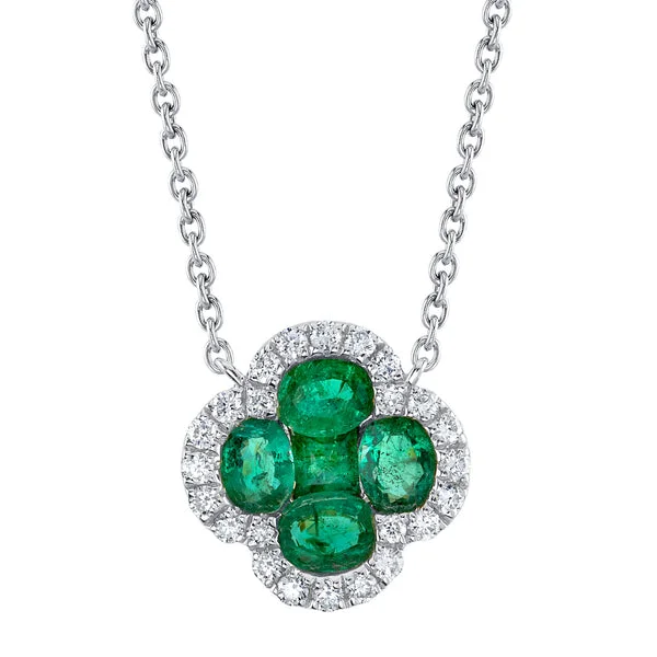 14K White Gold 0.81ctw Emerald & Diamond Halo Clover Necklace by Shy Creation