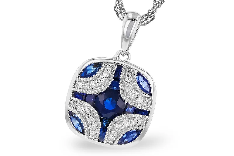 14K White Gold 0.97ctw Blue Sapphire & Diamond Art Deco Inspired Necklace by Allison Kaufman