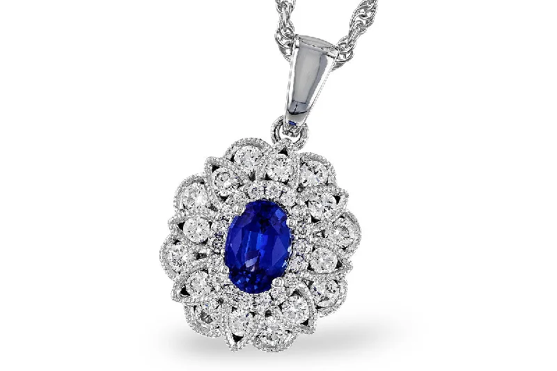 14K White Gold 1.12ctw Oval Blue Sapphire & Diamond Halo Necklace by Allison Kaufman