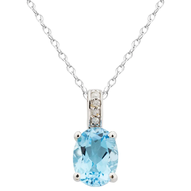 14K White Gold 1.20ctw Oval Blue Topaz & Diamond Drop Necklace