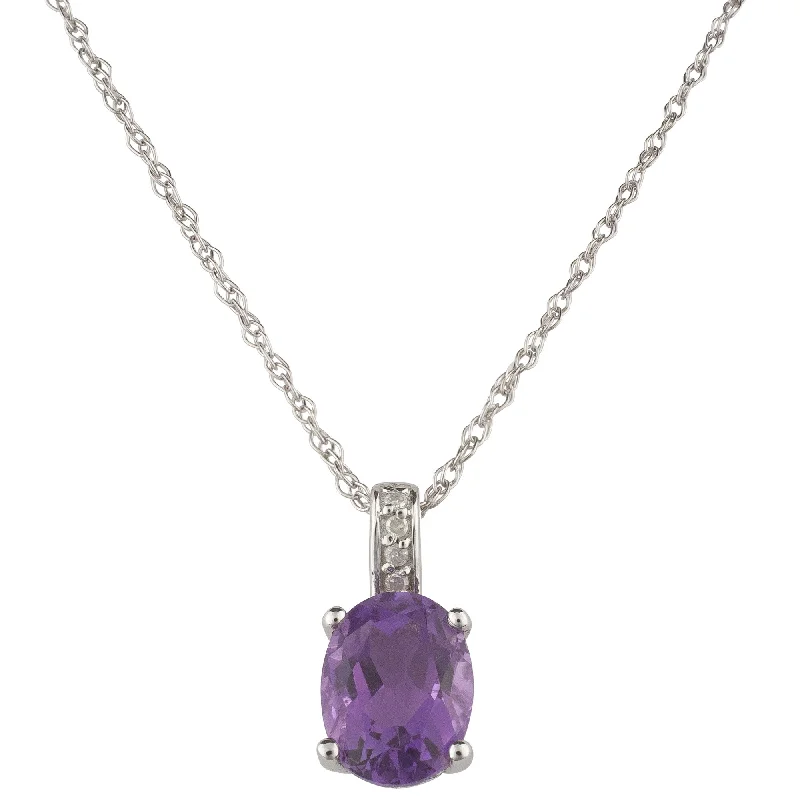 14K White Gold 1.21ctw Oval Amethyst & Diamond Drop Necklace