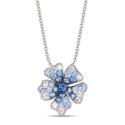 14K White Gold 1.39ctw White & Blue Sapphire Ombre Flower Necklace by Le Vian