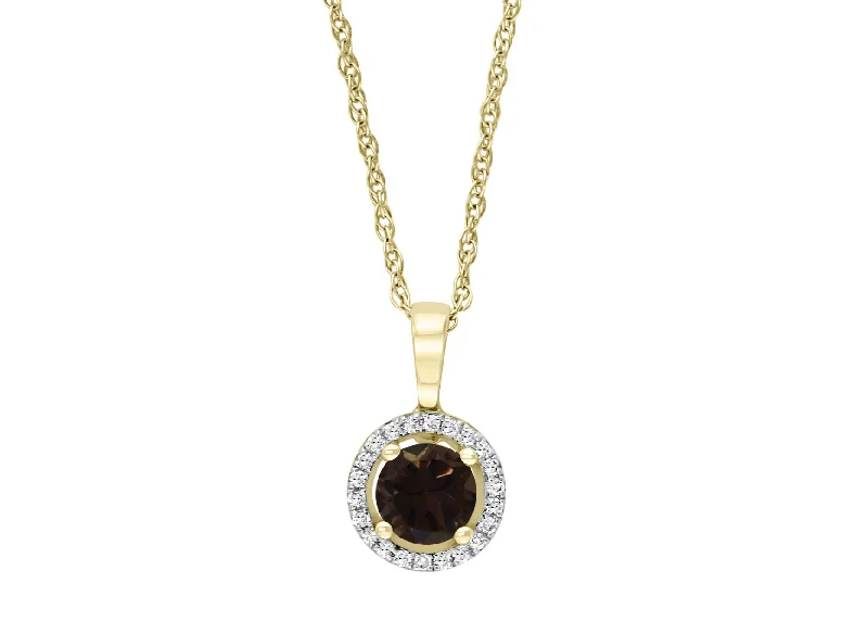 14K Yellow Gold 0.52ctw Round Smoky Quartz & Diamond Halo Necklace