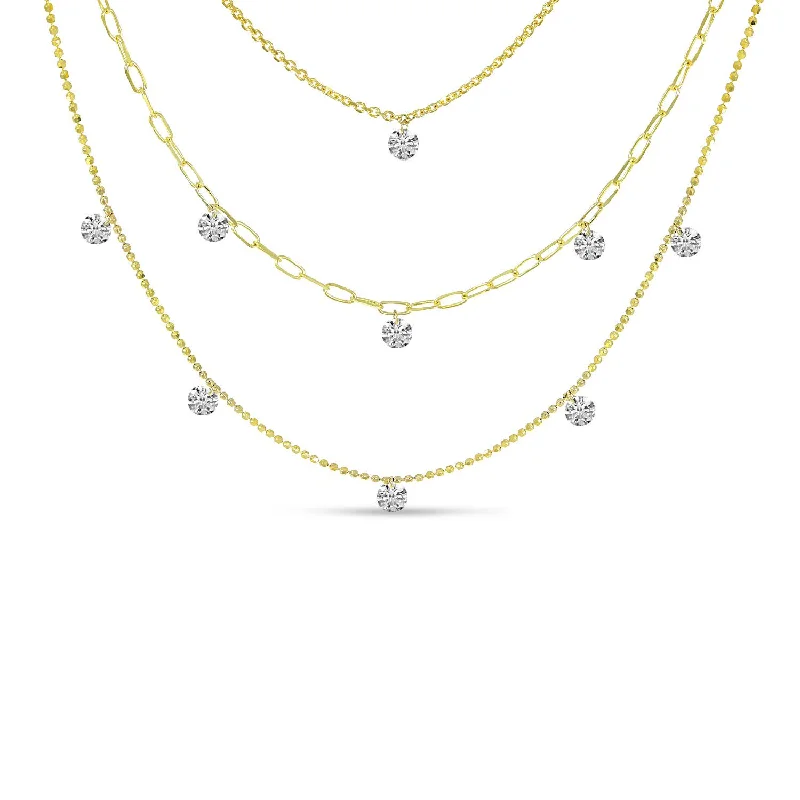 14K Yellow Gold 0.95ctw Diamond Triple Strand Station Necklace by Brevani