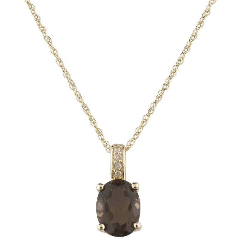 14K Yellow Gold 1.14ctw Oval Smoky Quartz & Diamond Drop Necklace