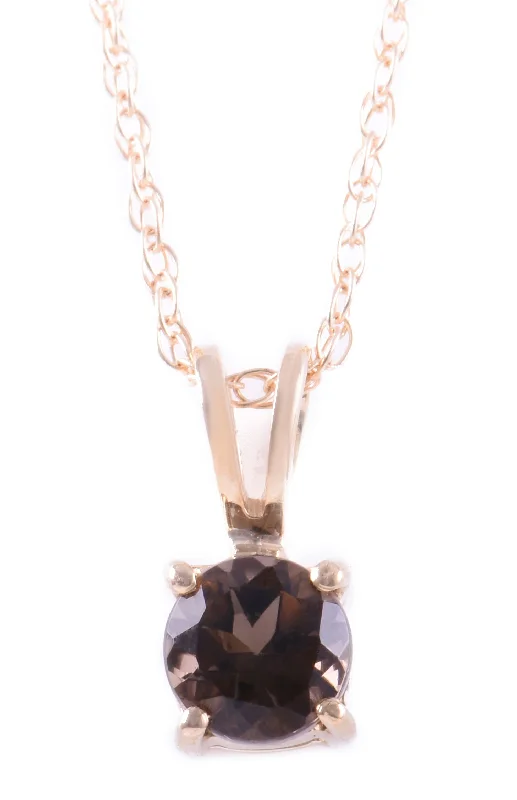 14K Yellow Gold 5mm Smoky Quartz Solitaire Necklace