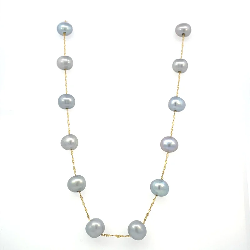 14K Yellow Gold 6.5-7mm Dyed Gray Freshwater Pearl Station Necklace