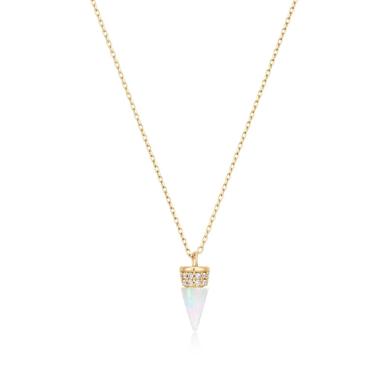 14K Yellow Gold Cone Shaped Opal & Lab Diamond Necklace by Aurelie Gi