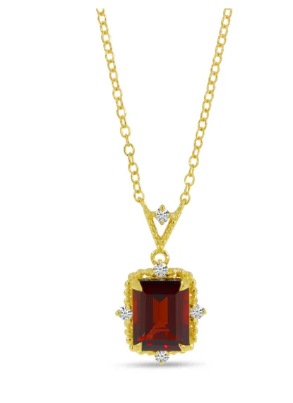 14K Yellow Gold Emerald Cut Garnet & Diamond Drop Necklace