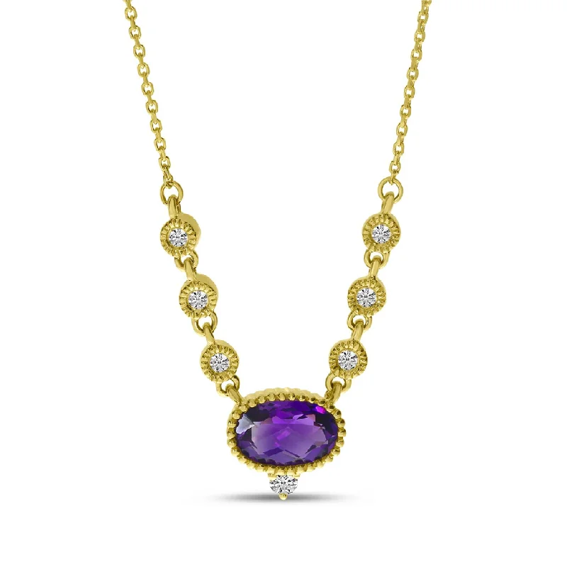 14K Yellow Gold Oval Amethyst & Diamond Necklace