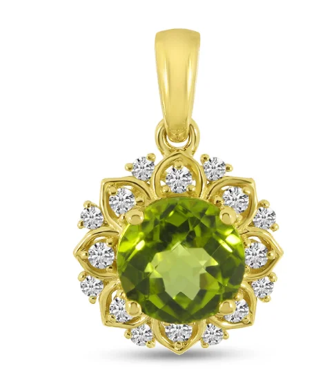 14K Yellow Gold Round Peridot & Diamond Flower Halo Pendant by Brevani