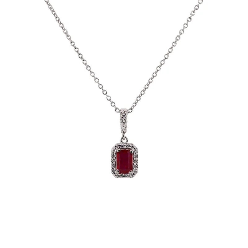 18k White Gold Emerald Shaped Ruby & Diamond Pendant