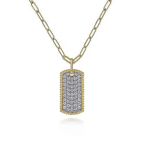 18 inch 14K Yellow Gold Diamond Pave' Dog Tag Hollow Chain Necklace