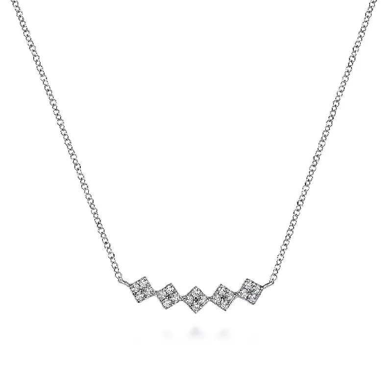 14K White Gold Square Station Diamond Pave Curved Bar Necklace