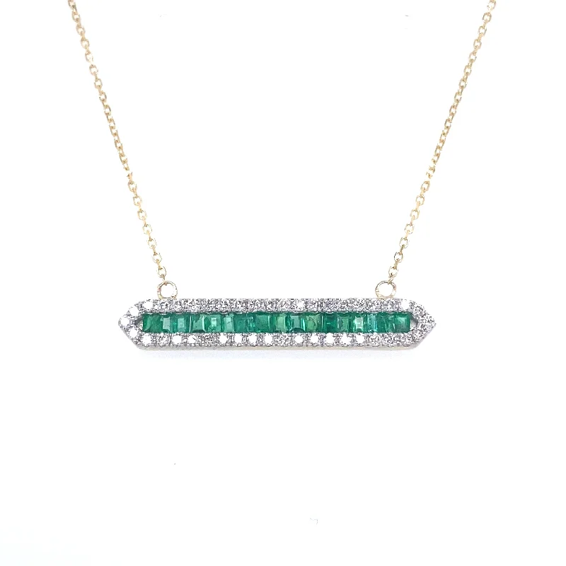 14K Yellow Gold Emerald and Diamond Bar Necklace