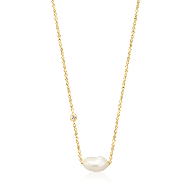 Gold Plated Freshwater Pearl and Cubic Zirconia Necklace by Ania Haie