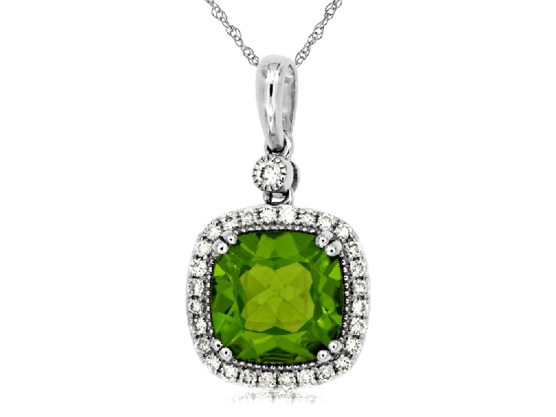 14K White Gold Peridot and Diamond Necklace