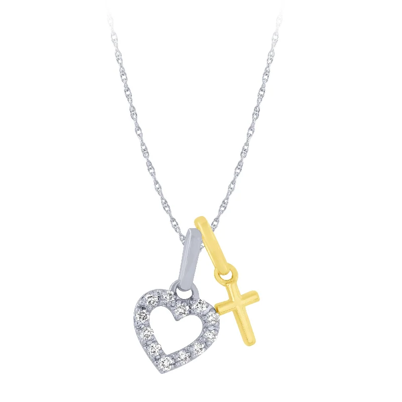 14k Two Tone Gold 1/10Ctw Heart And Cross Charm Pendant