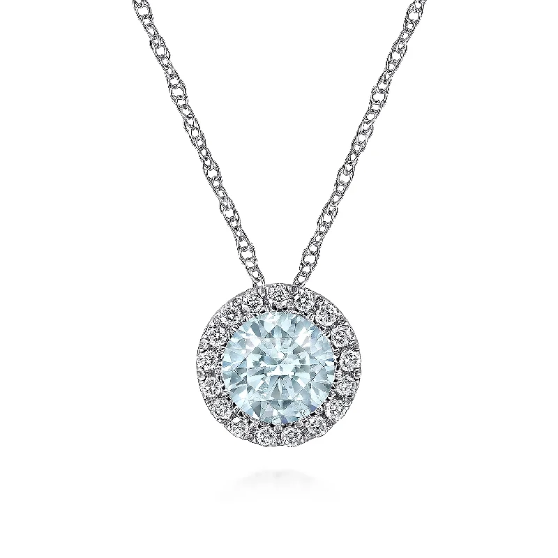 14k White Gold Diamond Halo Aquamarine Pendant Necklace