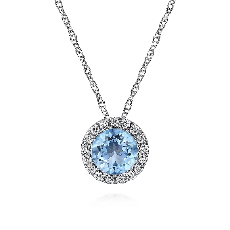 14K White Gold Round Swiss Blue Topaz and Diamond Halo Pendant Necklace