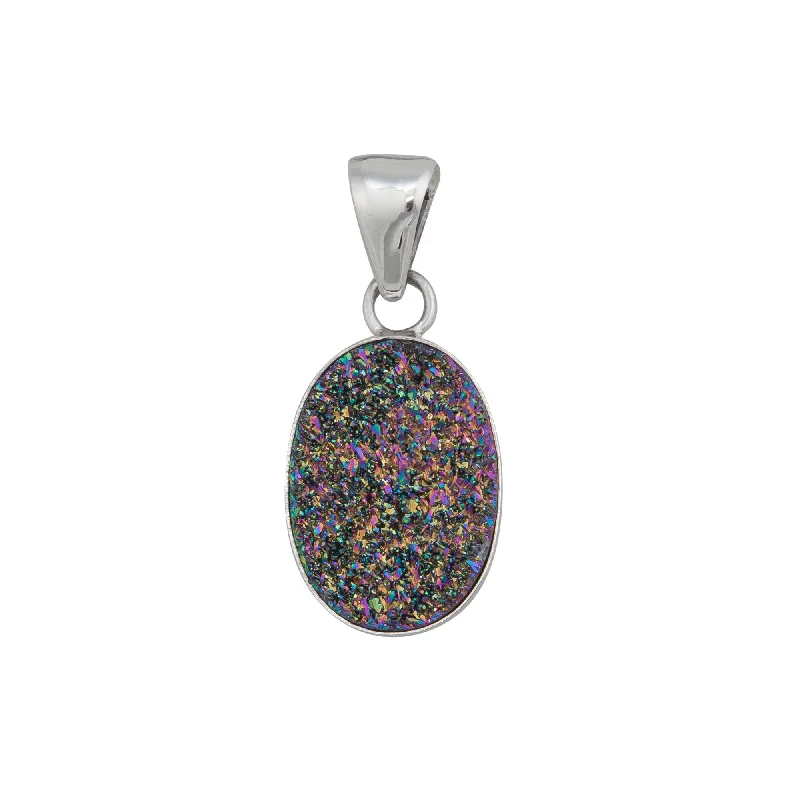 Sterling Silver Rainbow Druzy Titanium Druzy Oval Pendant